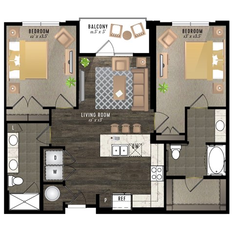 A floor plan of a house with a living room, two bedrooms, a balcony, and a kitchen.